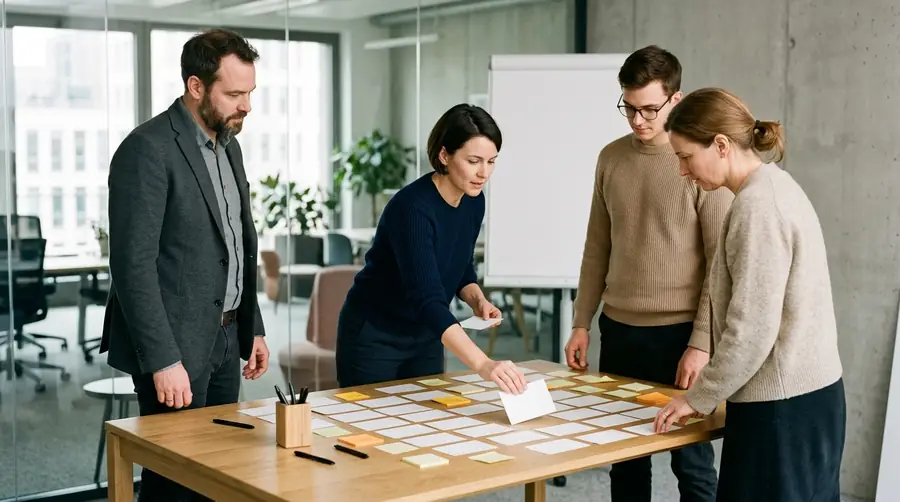 Workshop-Runde an einem Tisch mit Karten