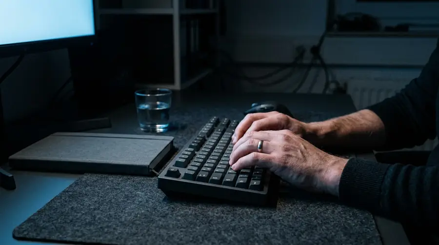 Hände an einer Tastatur im abgedunkelten Büro