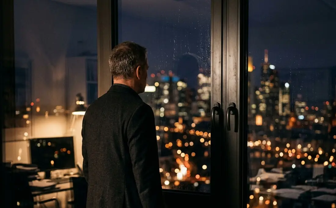 Führungskraft mit Unterlagen am Fenster eines Büros bei Nacht