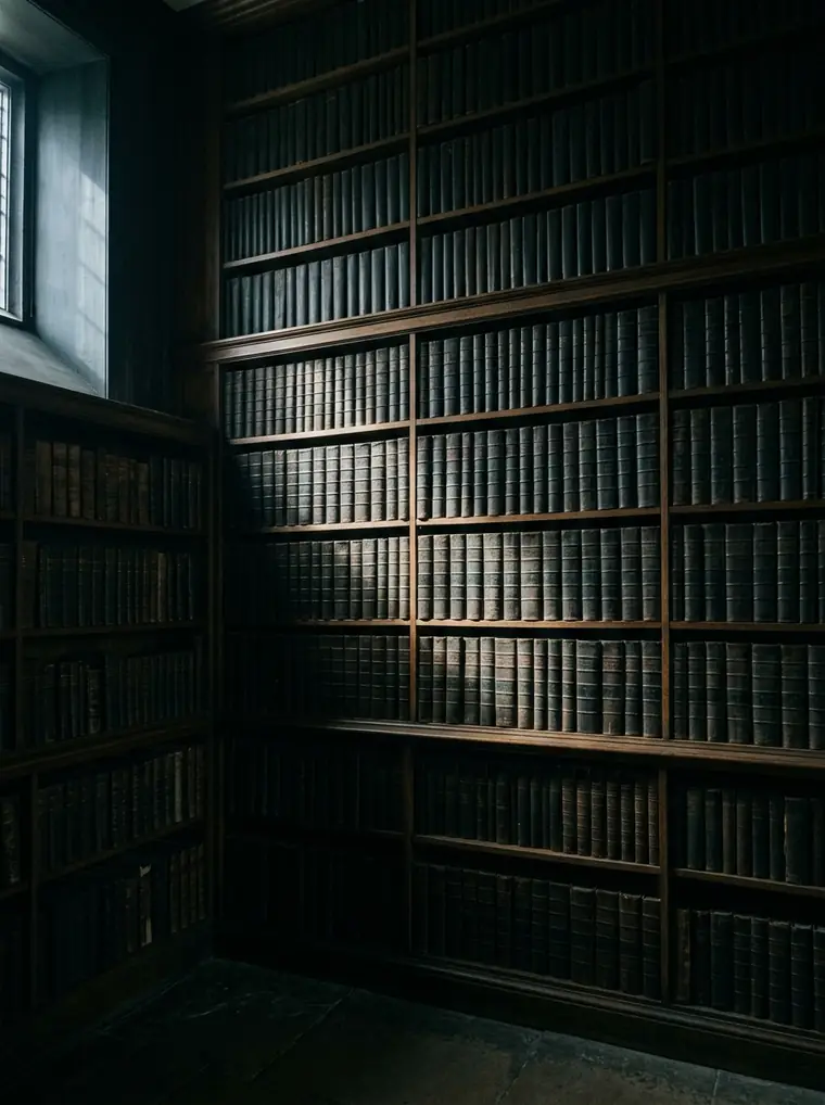 Hohe Regalwand mit gebundenen Bänden in einer Bibliothek