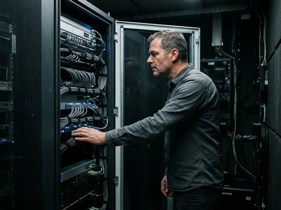 IT-Verantwortlicher an einem geöffneten Serverschrank