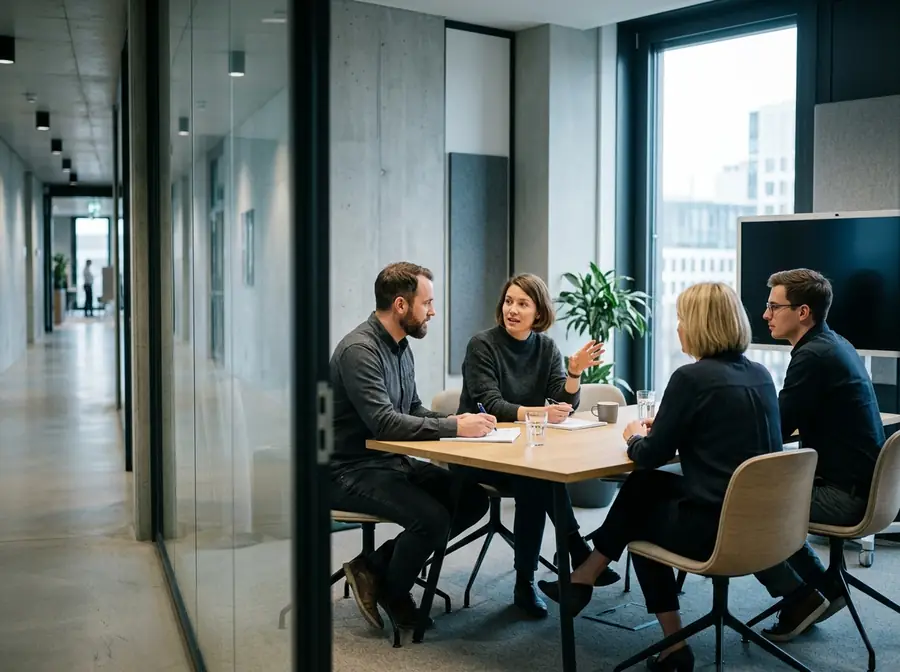 Kleines Team bespricht sich in einem verglasten Besprechungsraum